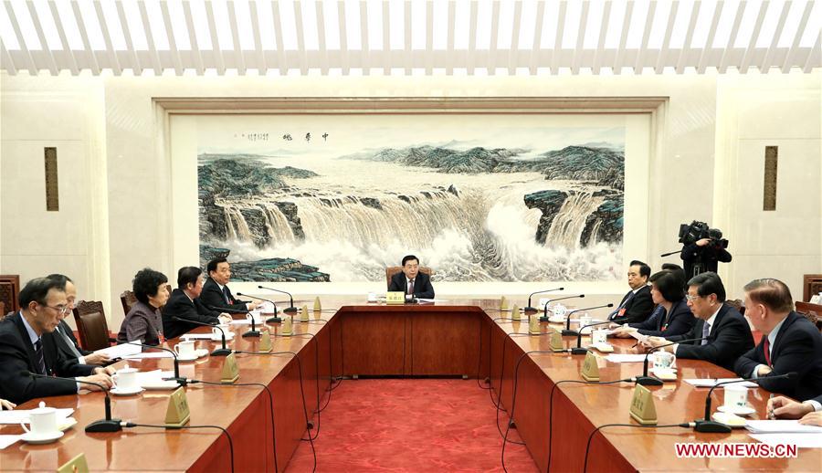 Zhang Dejiang, executive chairperson of the presidium for the fifth session of China's 12th National People's Congress (NPC) and chairman of the Standing Committee of the NPC, presides over the third meeting of executive chairpersons of the presidium at the Great Hall of the People in Beijing, capital of China, March 14, 2017. (Xinhua/Ma Zhancheng) Zhang Dejiang, executive chairperson of the presidium for the fifth session of China's 12th National People's Congress (NPC) and chairman of the Standing Committee of the NPC, presides over the third meeting of executive chairpersons of the presidium at the Great Hall of the People in Beijing, capital of China, March 14, 2017. (Xinhua/Ma Zhancheng)