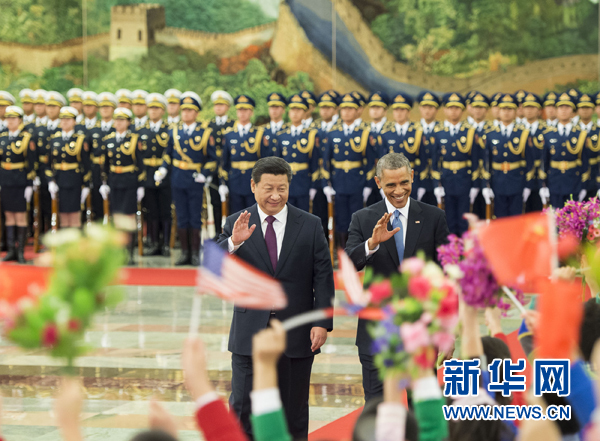 11月12日,國家主席習近平在北京人民大會堂舉行歡迎儀式,歡迎美國總統奧巴馬對中國進行國事訪問。 新華社記者 黃敬文 攝 11月12日,國家主席習近平在北京人民大會堂舉行歡迎儀式,歡迎美國總統奧巴馬對中國進行國事訪問。 新華社記者 黃敬文 攝